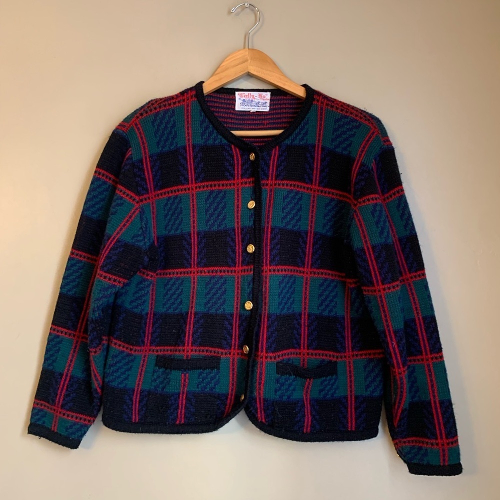 Vtg Tally Ho Tartan Cardigan Sweater Acrylic Plaid Button Academia Medium